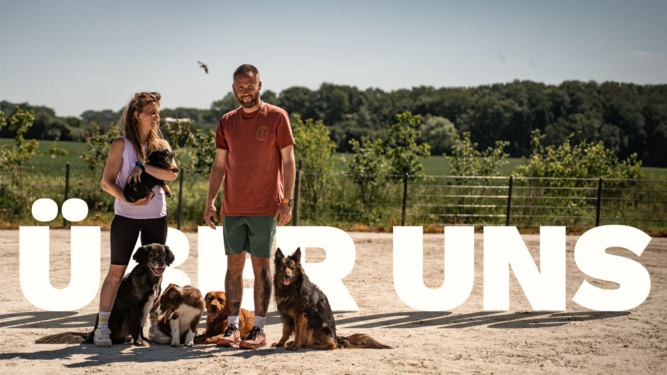 Hero Bild für die Über uns-Seite. Florian und Pia stehen auf dem Hundeplatz mit 4 Hunden auf dem Sandboden und Pia hält einen Dackel im Arm. Dahinter befindet sich ein Schriftzug "Über uns". Hinter dem Hundeplatz befindet sich ein Wald.