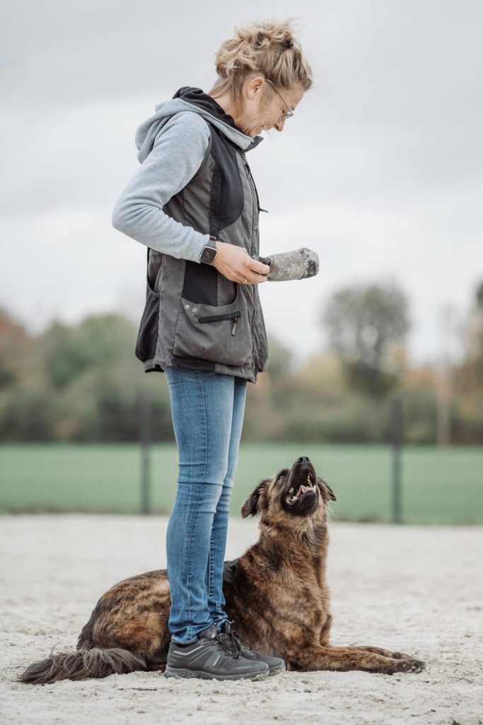 Ein Hund liegt im Platz auf dem Hundeplatz und schaut zu seiner Hundehalterin, welche daneben steht und ein Dummy in der Hand hält.