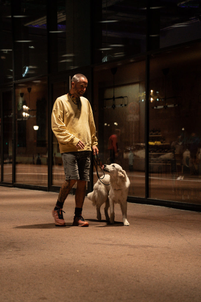 Hund geht an der Leine mit einem fremden Hundeführer. Teil der Therapiehundeausbildung