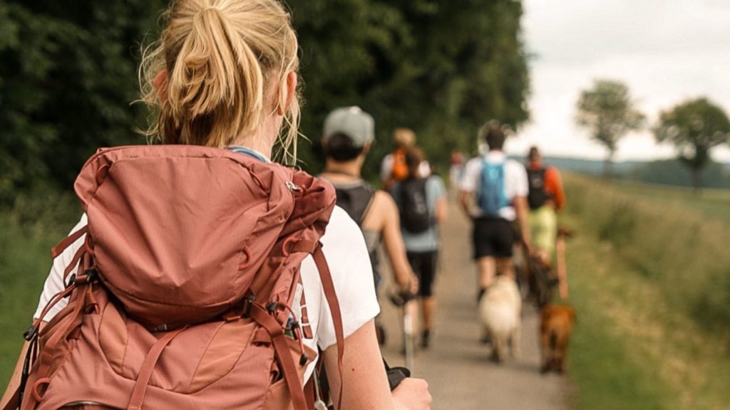 Mehrere Menschen die in Wanderkleidung mit ihren Hunden auf einem Feldweg laufen.