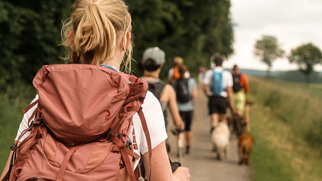 Mehrere Menschen die in Wanderkleidung mit ihren Hunden auf einem Feldweg laufen.